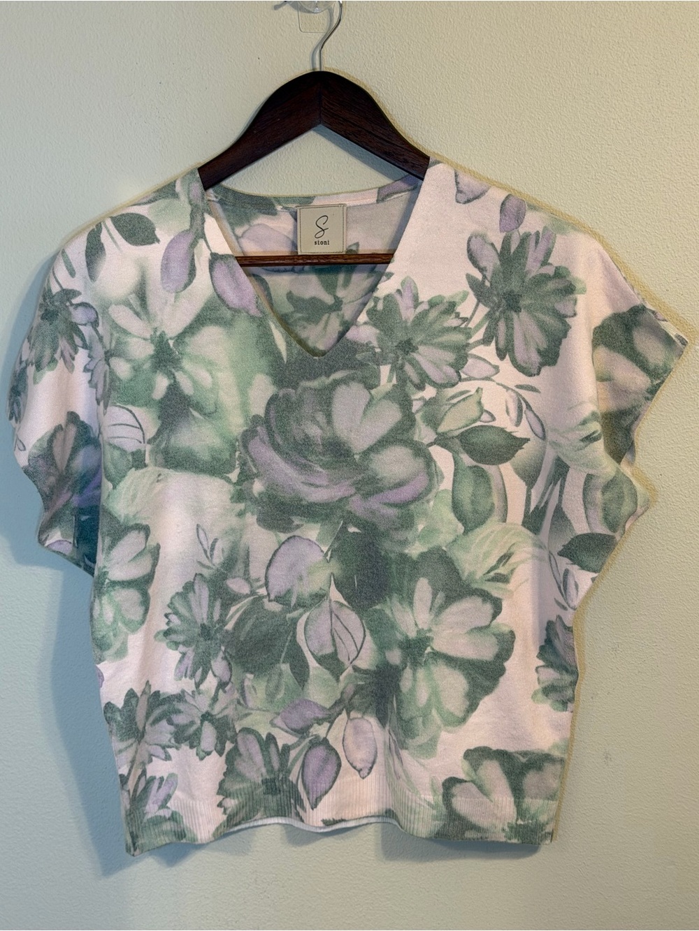 Sioni Floral Short Sleeve Knit Top Green Purple V-Neck Lightweight Size M - Picture 7 of 8
